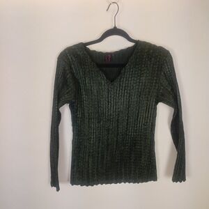 Pretty Angel Long Sleeve Blouse Women's Small Green VNeck Silk Stretch Y2K Style